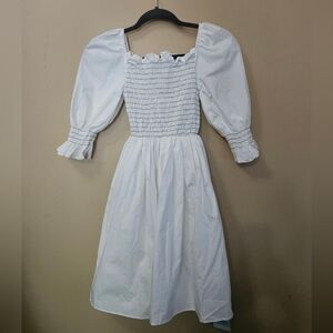 NWT Storets Puff Sleeve Smocked Dress White Women's Size S/M 100% Cotton